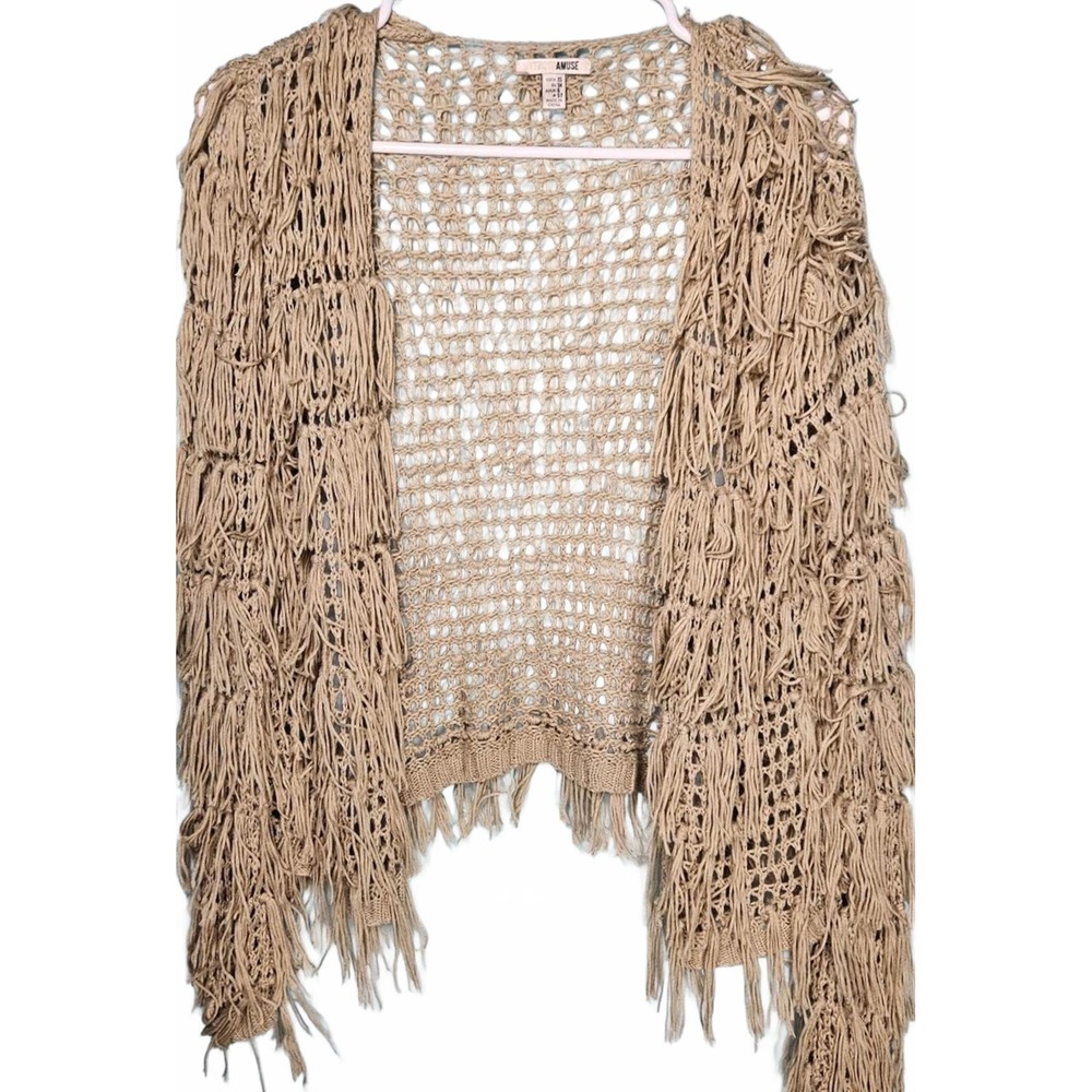 Amuse‎ Society Women's Beige Crochet Cowboy Core Western Fringe Boho Cardigan XS